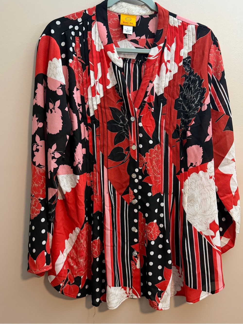 Ruby Rd. Red, Black & Pink Floral Blouse